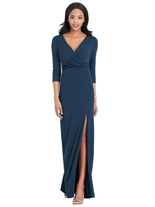 3/4 Sleeve V-Back Draped Wrap Maxi Dress - Yara | The Dessy Group dessy.com/dresses/brides…