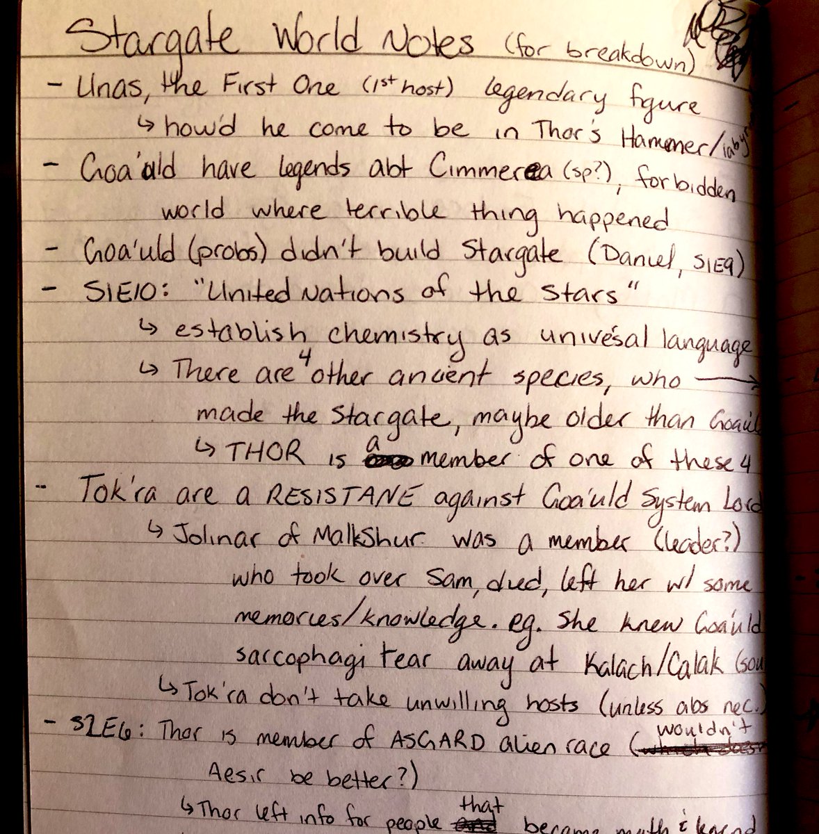 Page of notes titled “Stargate World Notes”