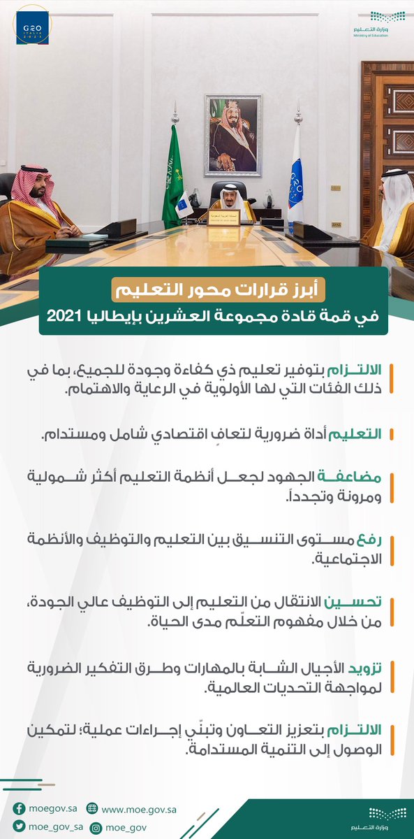 أبرز قرارات محور التعليم في قمة قادة #مجموعة_العشرين في إيطاليا 2021م.