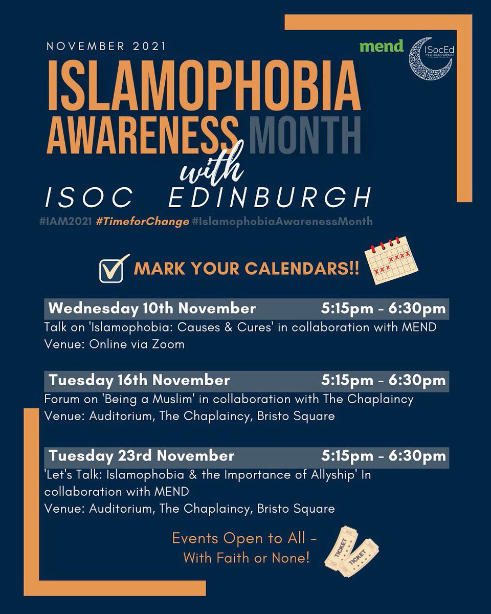 Salaam everyone!😁 
November marks the start of Islamophobia Awareness Month. With the theme #TimeforChange, we aim to raise awareness of the issue and how to tackle it through a series of events in collaboration with <a href="/mendcommunity/">MEND Community</a> &amp; The Chaplaincy! 
Look out for more info!