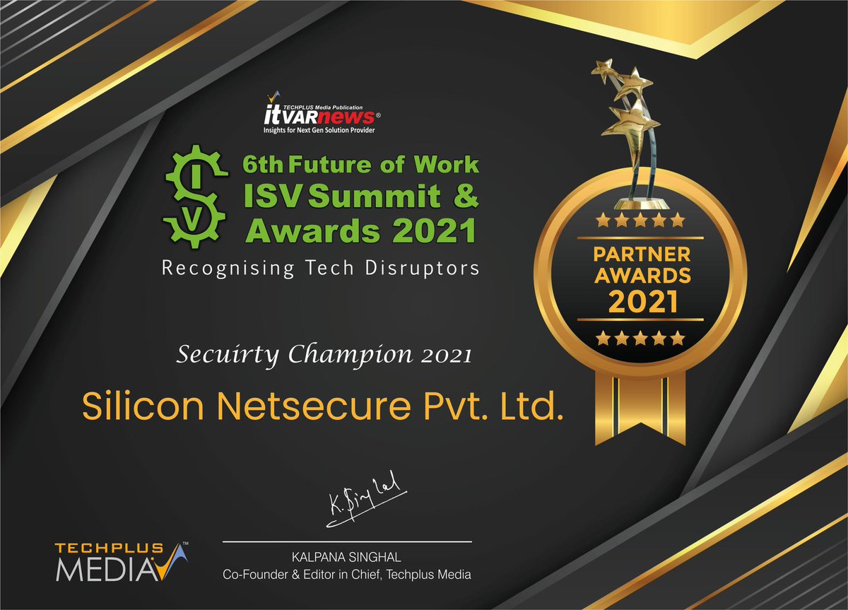 Siliconetsecure's tweet image. We are humbled to be recognized and crowned as Security Champion 2021, while participating in ITPV 6th Future of Work ISV Summit &amp;amp; Awards 2021.

Thanks ITPV -  TechPlus Media Group, @itVARnews, Anuj Singhal &amp;amp; Kalpana Singhal for this recognition.

#AwardsandHonors #CyberSecurity