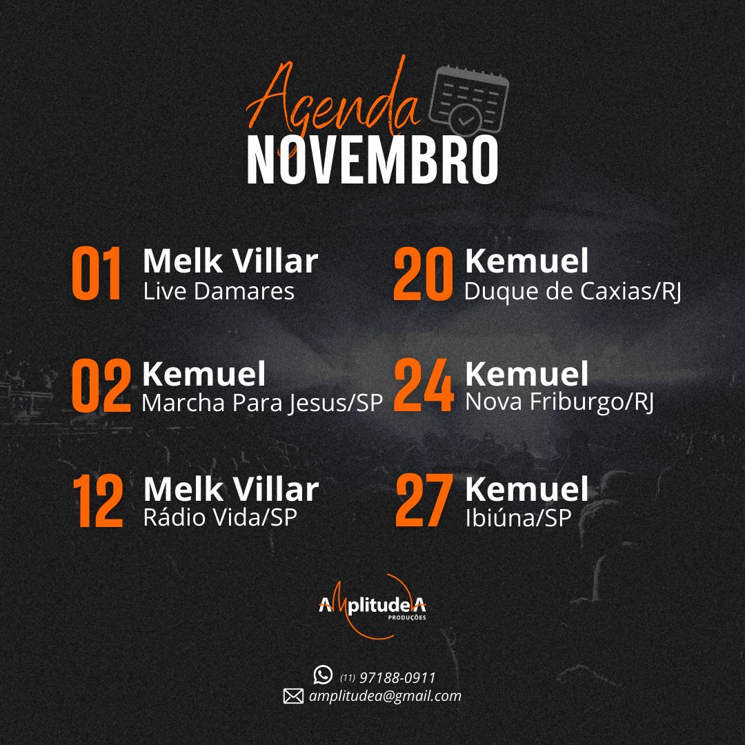 Agenda de novembro tá on! ✅

Vamos começar o mês com tudo, então fique ligado em nossas redes sociais e saiba mais informações. 

E, para levar nosso casting em seu evento, fale conosco através do WhatsApp: (11) 97188-0911 📲

#Agenda #AmplitudeA