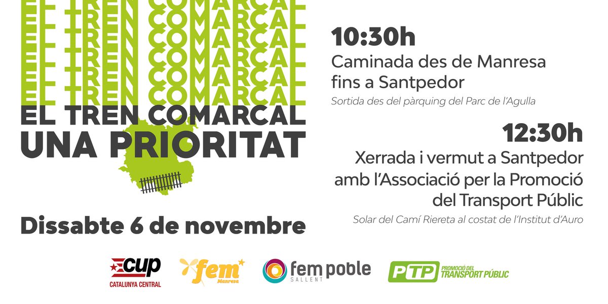 fempoblesallent's tweet photo. 📅 El dissabte 6 de novembre ens trobarem per parlar del tren comarcal, una necessitat pel #Bages i la #CatalunyaCentral. 🚊

🛤️ Recorrerem el camí paral·lel a les vies del tren fins a Santpedor, on farem una xerrada amb vermut amb @transportpublic.

🏃🏽‍♀️ Caminem pel tren comarcal! https://t.co/2hIHCCLkx0