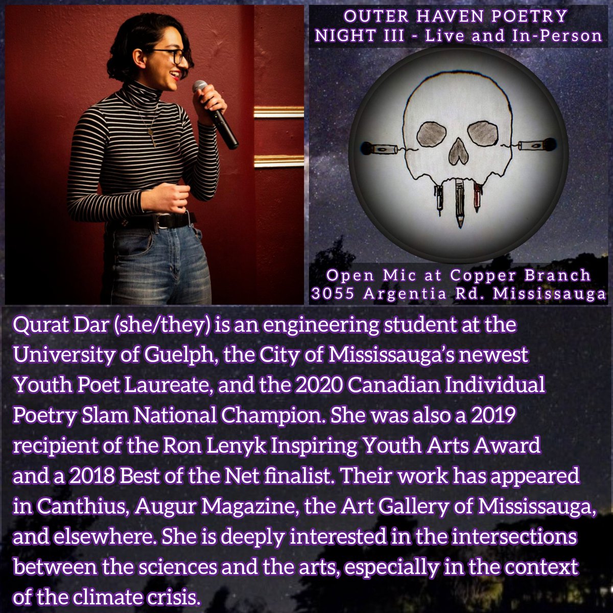 paul_e_costa's tweet photo. Qurat Dar @itsnotquart is the 1st feature for the Outer Haven III Spoken Word Open Mic on Saturday, November 20th from 5-7pm at @copperbranch Argentia in Mississauga (3055 Argentia Road)

FB Event Page: https://t.co/VSCmPR2r89
#copperbranch #openmic #poetry @SaugaCulture https://t.co/w7r33YPI2i
