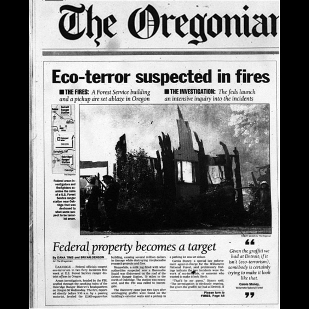 lesliejamespick's tweet photo. 25 years ago, the Earth Liberation Front torched a $6 million US Forest Service Ranger Station that was facilitating clear-cutting of the last remaining 5% of old growth forests. Today the system continues to ignore the looming ecological catastrophe. #HappyHalloween2021 https://t.co/EQarjgDCWU