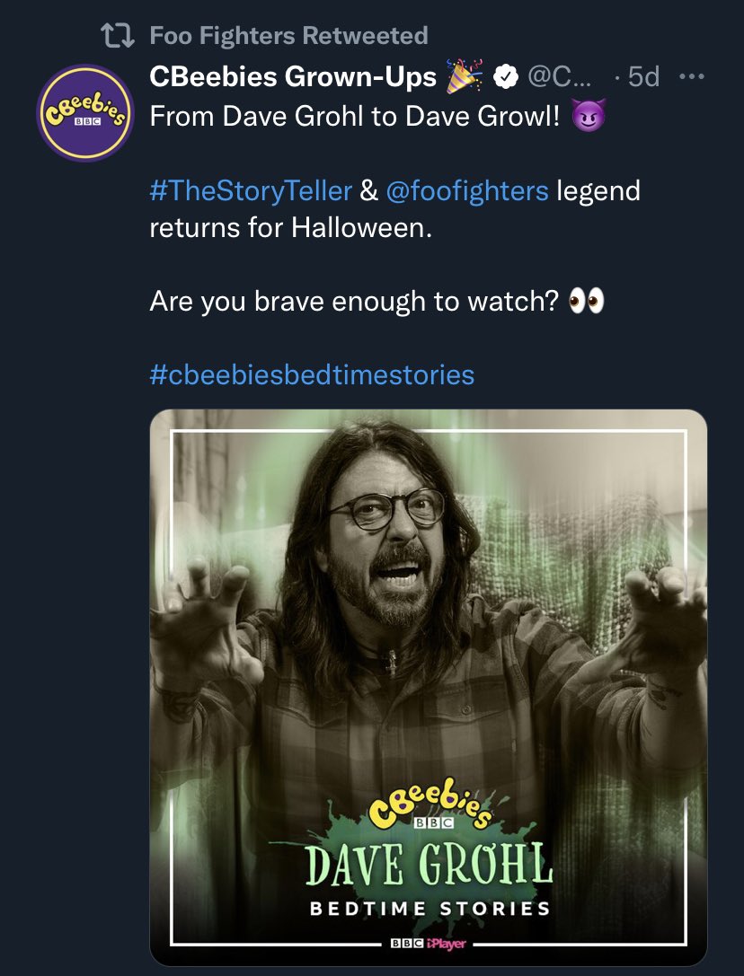 LittleMissMon's tweet photo. The @CBeebiesHQ / @foofighters crossover is the balm my tired, grunge-obsessed soul didn’t realise it needed.
#BooFighters #DaveGrowl https://t.co/OKmKfjJiWb