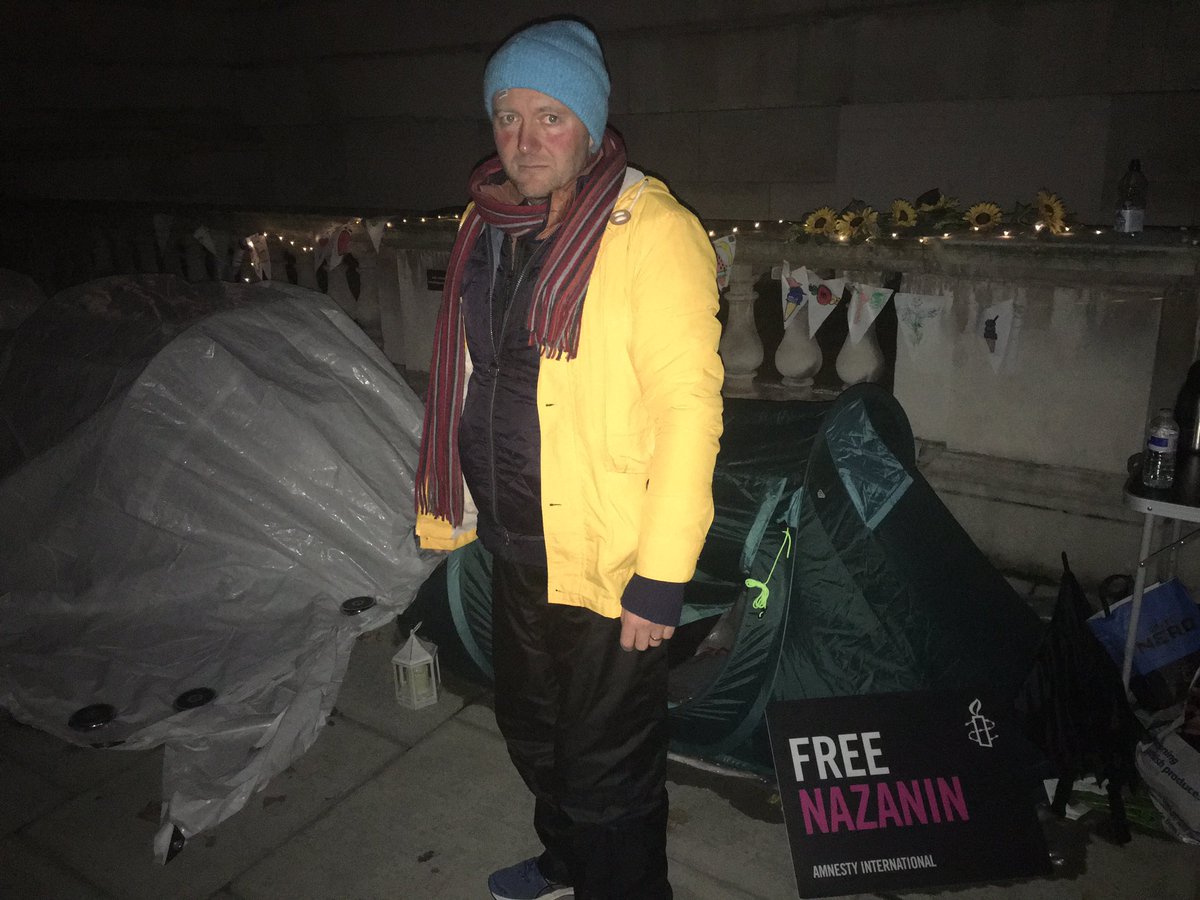 DarenNair's tweet photo. Day 8 of Richard Ratcliffe’s hunger strike outside the Foreign Office is over. He just went to bed in his cold tent.

His wife, Nazanin Zaghari-Ratcliffe has been held hostage in Iran since 3 April 2016.

@BorisJohnson &amp; @trussliz don’t have the deal making skills to #FreeNazanin https://t.co/RfD7xX9ebI