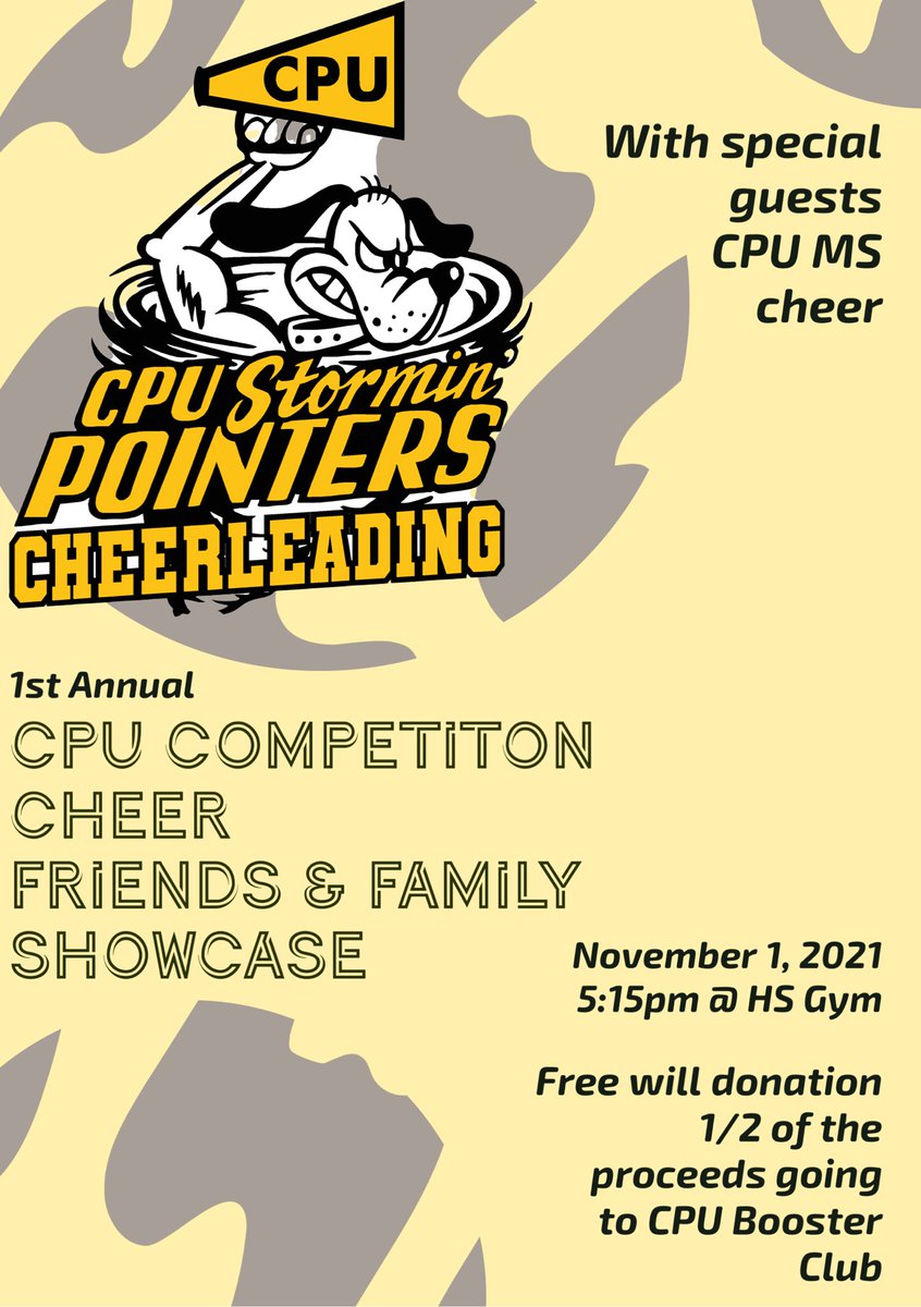 danmccann86's tweet photo. Hey @CPU_DogPound and CPU teachers/coaches, we’d love to see you tomorrow at our Showcase! There’s been a lot of work put into these routines and some of the highest expectations CPU cheer has ever had. Come support these athletes that have been supporting the community 🖤💛 https://t.co/ZaebITPKam