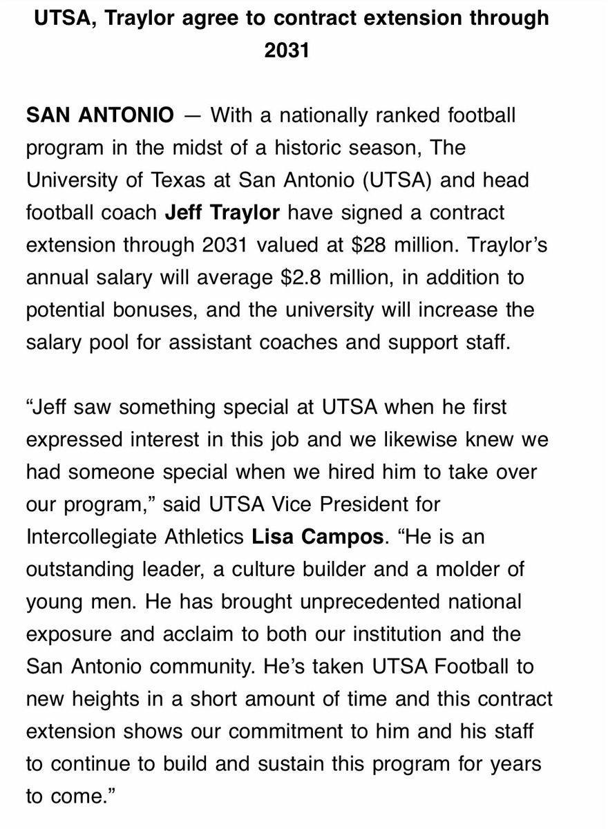 ChrisDuel's tweet photo. BREAKING… #UTSA and @CoachTraylor agree to contract extension through 2031 #BirdsUp @UTSAFTBL https://t.co/eBXMClJ3AZ