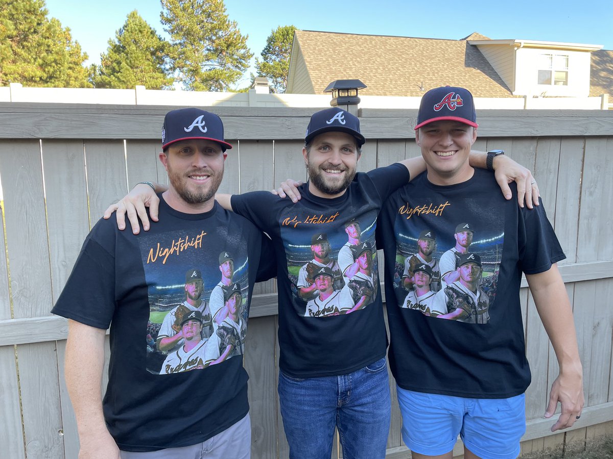_danobentley's tweet photo. We got the night shift going early tonight. Get these new shirts for the “last “ game of the season. !
 #ChopOn #BattleATL #nightshift @BravesOnBally @MLBONFOX @FOXSports @SportsTalkATL @YaBoy77 @680TheFan @EOF34 @929TheGame @MLB @MLBNetwork @TalkingChop @TomahawkTakeFS  @Braves https://t.co/CTpvKChPGo