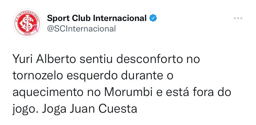 FollowTrickFBPA's tweet photo. Internacional acaba de informar que Yuri Alberto sentiu um desconforto no aquecimento e não joga hoje, contra o São Paulo.

Torcedores colorados lotaram os comentários da publicação com risadas.

Motivo: Yuri Alberto está pendurado e o próximo jogo é Grenal. https://t.co/bueACvJaDX