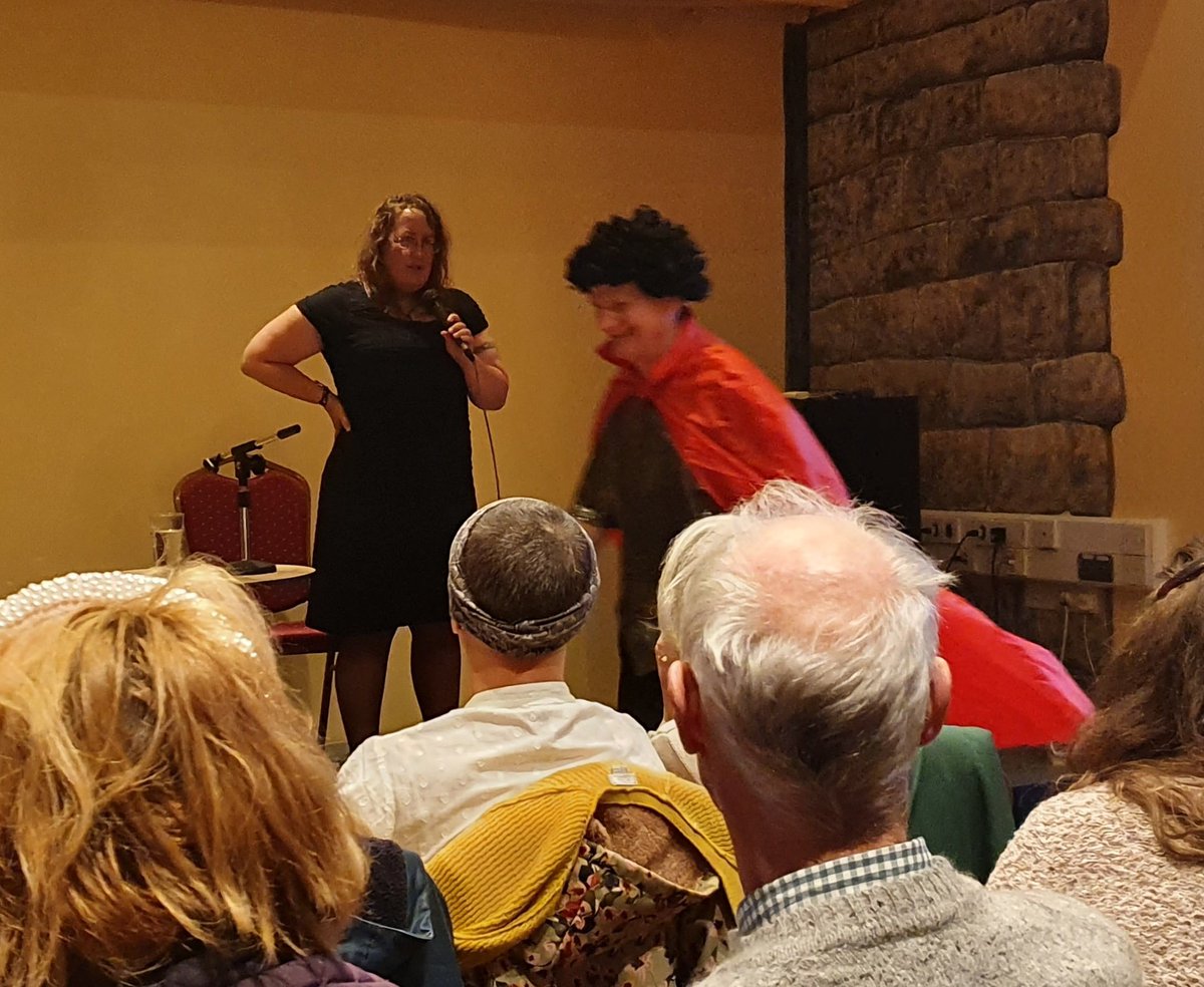 HeadRightOut's tweet photo. @WomanWalksWales gave a super talk in Kington this eve, despite an attempt by a caped man in an afro wig who tried to upstage her! Ursula shared profound moments from her walk across Europe, to a packed room. Can't wait for us chat again for the #HeadRightOut #podcast next week! https://t.co/wnoOJGAmZV