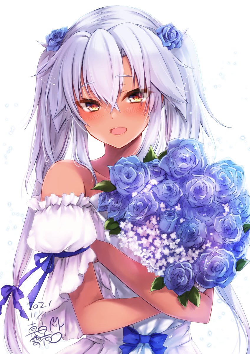 musashi (kancolle) ,musashi kai ni (kancolle) 1girl dark-skinned female solo flower dark skin bouquet blue flower  illustration images