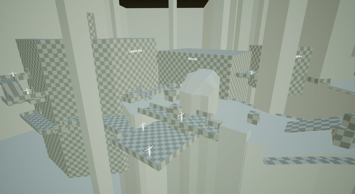 BrandonJorgen's tweet photo. For the last day of #Blocktober, here's some VR whitebox shots. I've been handling the #leveldesign for my senior project, a Multiplayer VR Tactical Shooter that takes advantage of omni-directional treadmills! https://t.co/utDkYZS7Ku