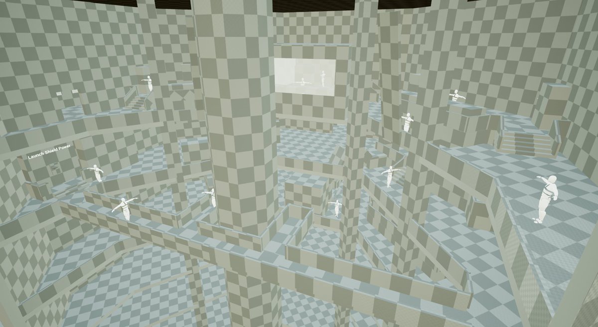 BrandonJorgen's tweet photo. For the last day of #Blocktober, here's some VR whitebox shots. I've been handling the #leveldesign for my senior project, a Multiplayer VR Tactical Shooter that takes advantage of omni-directional treadmills! https://t.co/utDkYZS7Ku