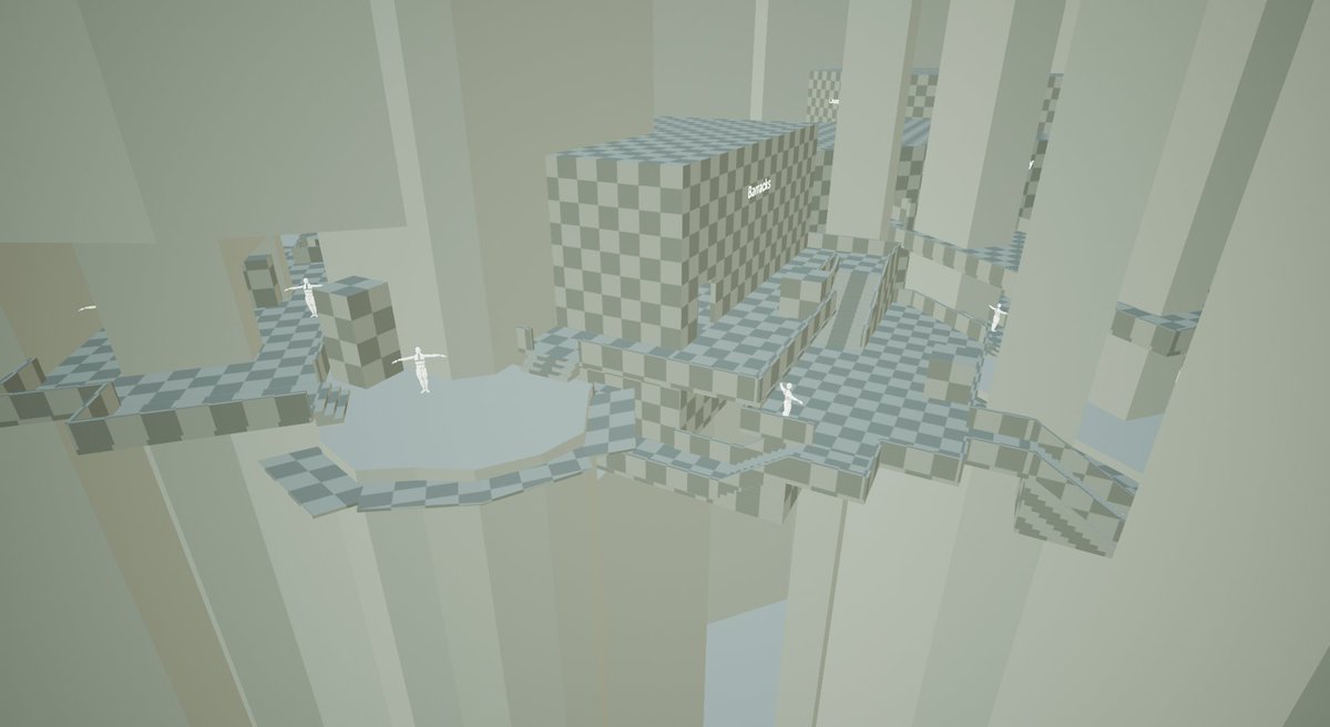 BrandonJorgen's tweet photo. For the last day of #Blocktober, here's some VR whitebox shots. I've been handling the #leveldesign for my senior project, a Multiplayer VR Tactical Shooter that takes advantage of omni-directional treadmills! https://t.co/utDkYZS7Ku