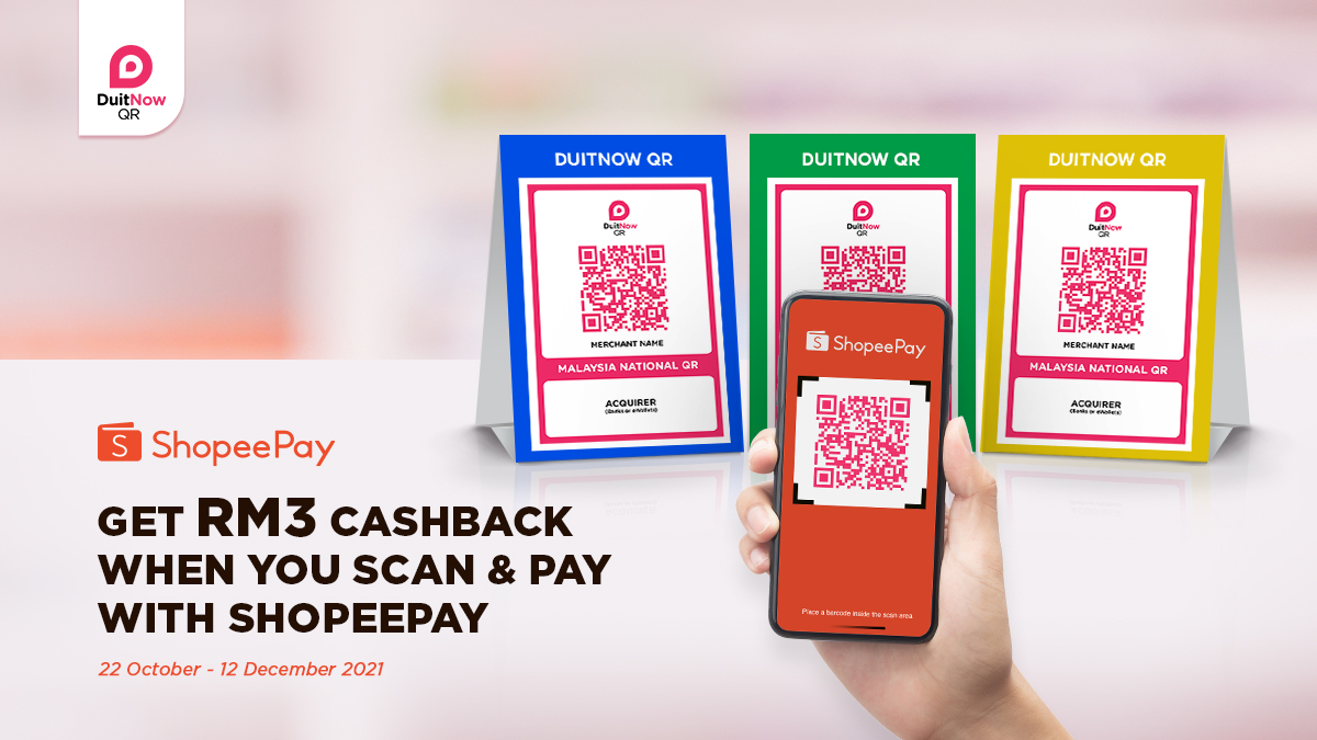 myduitnow's tweet photo. Use ShopeePay to scan any #DuitNowQR code to make a payment anytime, anywhere. Plus, you will get RM3 Cashback* with min spend of RM5! @ShopeeMY 

More: https://t.co/OeVCN8MSNo

*Only applicable to transactions between ShopeePay e-wallet &amp; other non-Shopee DuitNow QR merchants. https://t.co/XlstO7UXDq