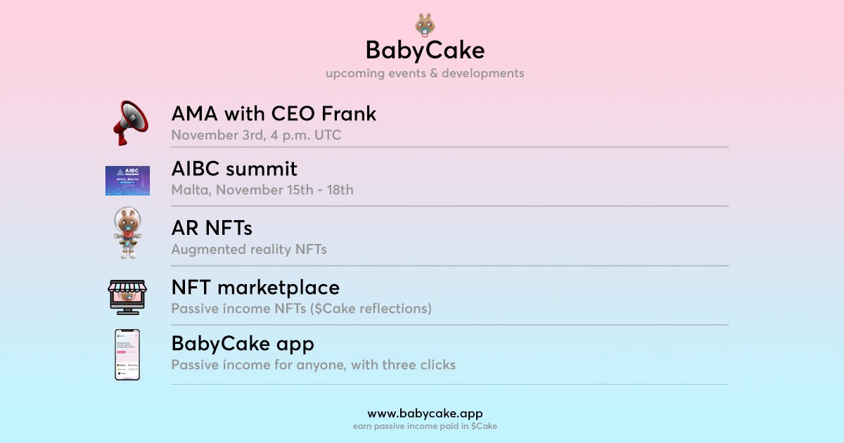 What’s next for @BabyCakeBSC?

📍t.me/BabyCakeBSC
🎰lottery.babycake.app
Low cap 💎 don’t miss it🚀🚀

#babycake #bnb #binance #bsc #BSCGems #bitcoin #btc #altcoin #pancakeswap $cake #cake #lottery #defi #nft #NFTCommunity #shiba #altseason #safemoon #feg #BabyDoge