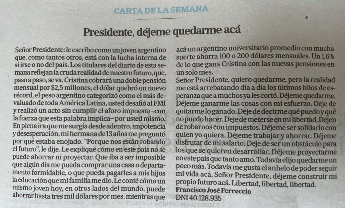 FranFerreccio's tweet photo. Comparto la carta de lectores que escribí, elegida por @LANACION como Carta de la Semana: “Presidente, déjeme quedarme acá”

Link: https://t.co/RndcVWIDlN https://t.co/eI0GsykDju
