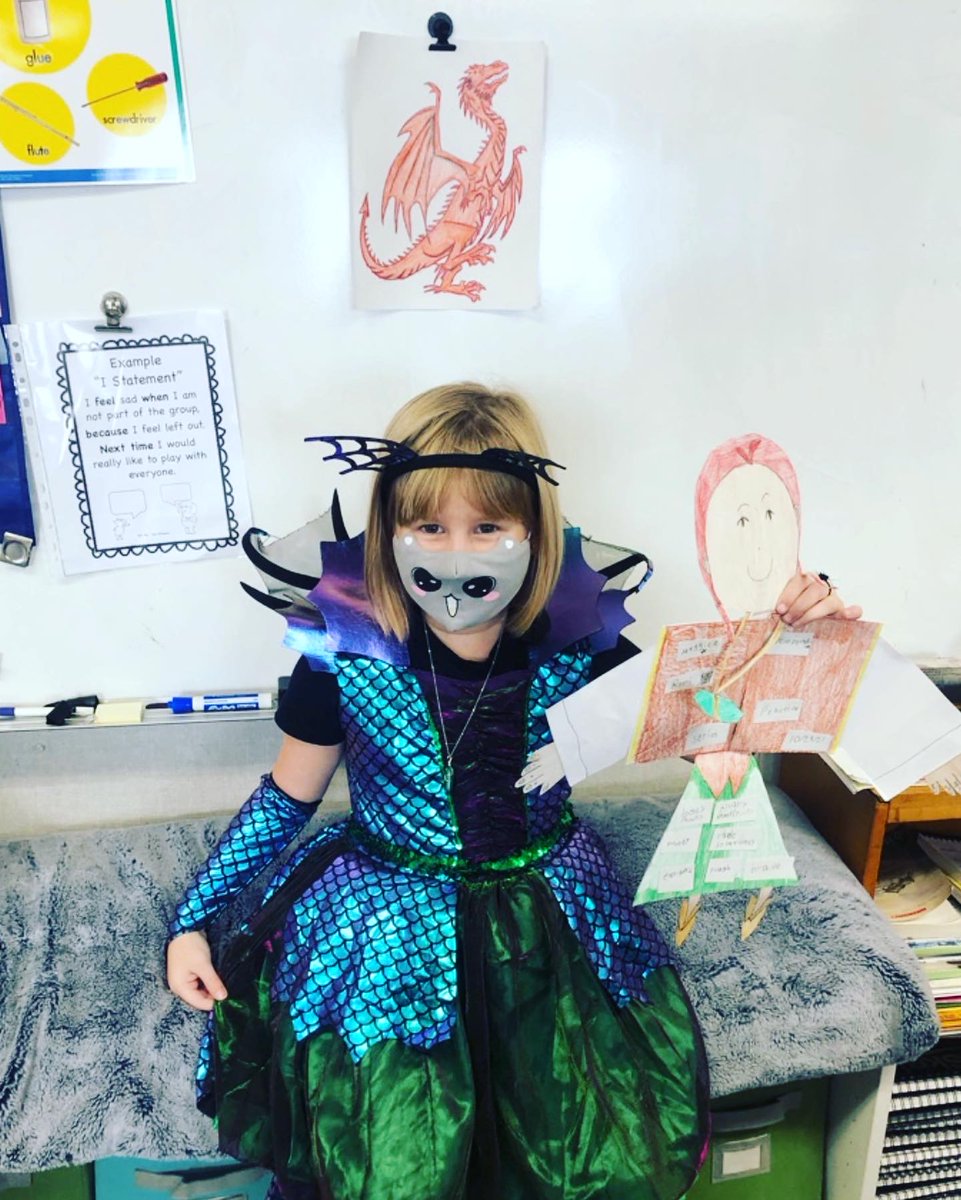 A Dragon Master with her dragon and her wizard. In the second photo she’s communicating with me using her dragon stone. Third photo is her Character Report for school. She did Rori. Thank you @TraceyWestBooks  for inspiring her so much!
