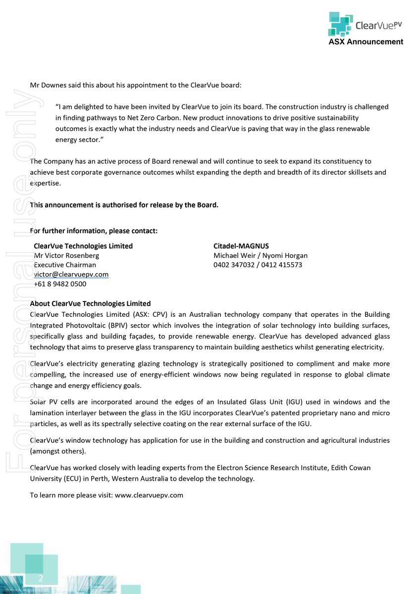ClearVuePV's tweet image. ClearVue announces appointment of John Downes to board. John is current Global Head of Façade Supply Chain for LendLease based in the UK and brings >30 years of glazing and façade experience to the ClearVue
#ClearVue #BIPV #WIPV #solarglass #sustainableconstruction #smartfacades
