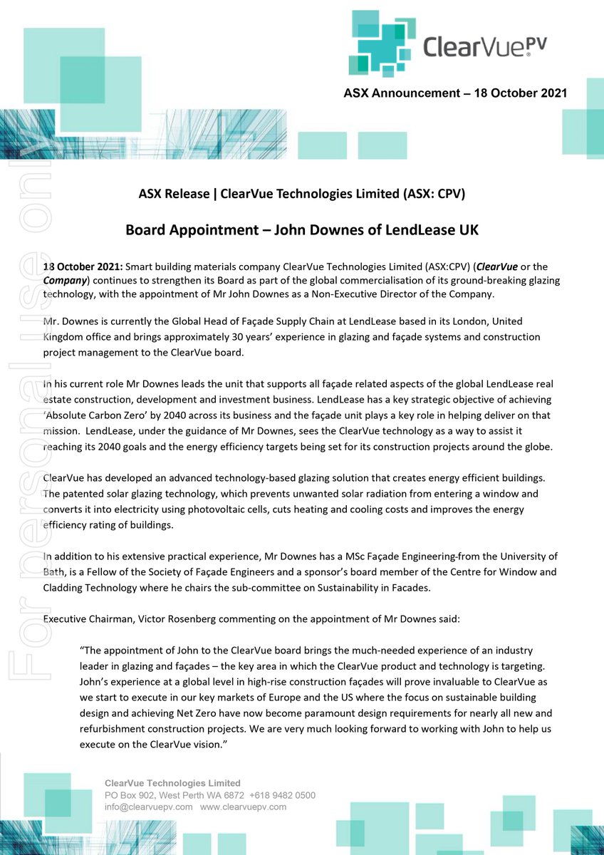 ClearVuePV's tweet image. ClearVue announces appointment of John Downes to board. John is current Global Head of Façade Supply Chain for LendLease based in the UK and brings >30 years of glazing and façade experience to the ClearVue
#ClearVue #BIPV #WIPV #solarglass #sustainableconstruction #smartfacades