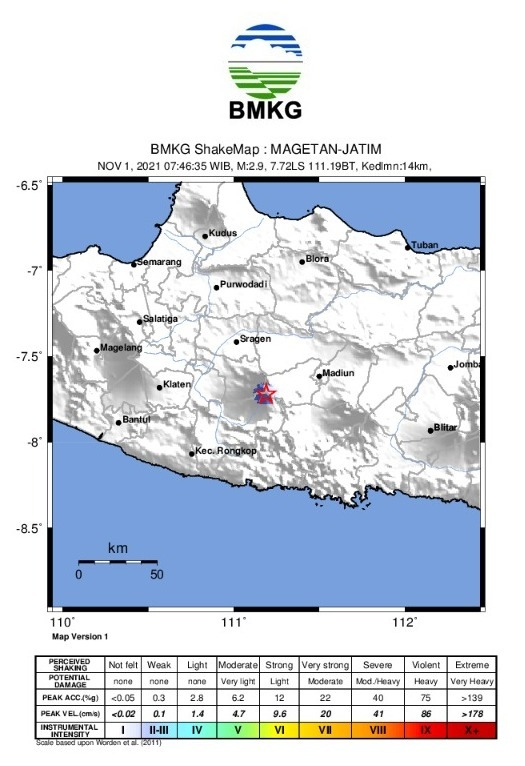 Info Gempa Dirasakan Mag:2.9, 01-Nov-21 07:46:35 WIB, Lok:7.72 LS,111.19 BT (18 km BaratDaya MAGETAN-JATIM), Kedlmn:14 Km, dirasakan di Tawangmangu dan Sarangan II MMI ::BMKG