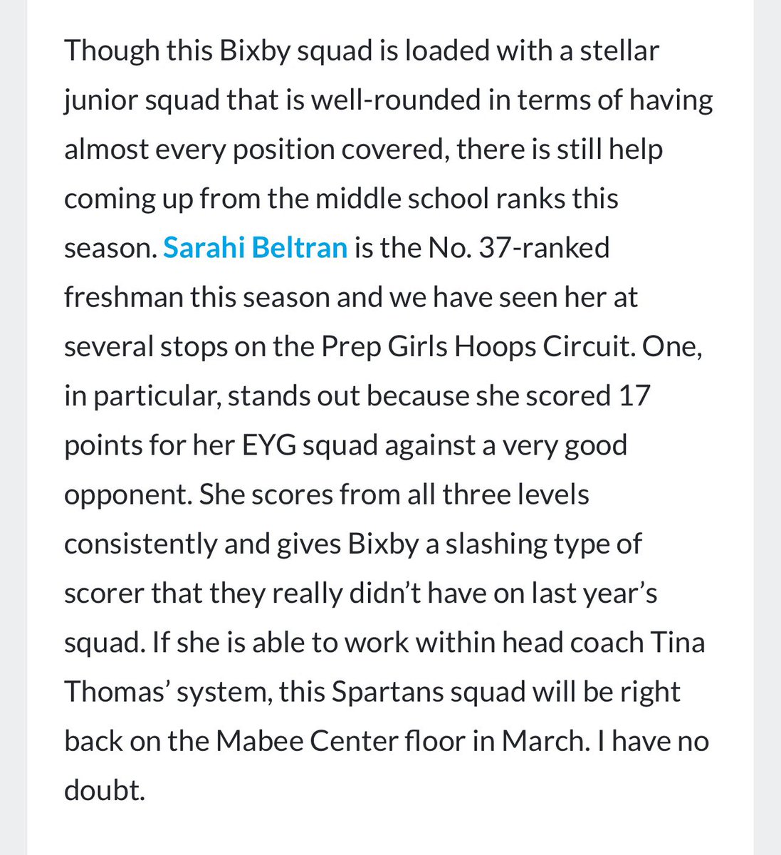 sarahibeltran22's tweet photo. Thank you @JasonGreenBball and @PGHOklahoma for the write up, ready to get started and put in work to earn a spot and help them reach the goal! @BixbyBasketball @HomeofSpartans @2025Eyg @BoostWbb @_girlsgotgame https://t.co/PNWGQq5V7h