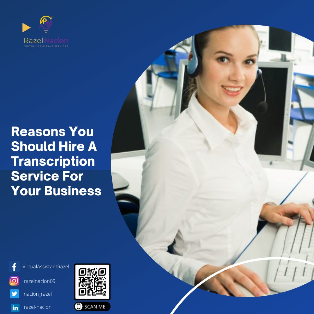 nacion_razel's tweet photo. Here are some reasons to hire a transcriptionist
✔️Excessive-accuracy charge
✔️Experience and Skilled
✔️Rapid turnaround time
✔️Proper tools and affordable options. #iamrazesolution #livewithpurpose #findyourrva #virtualassistantskills #adminsupportservices #inboxfordetails https://t.co/OqSg3ifVjV