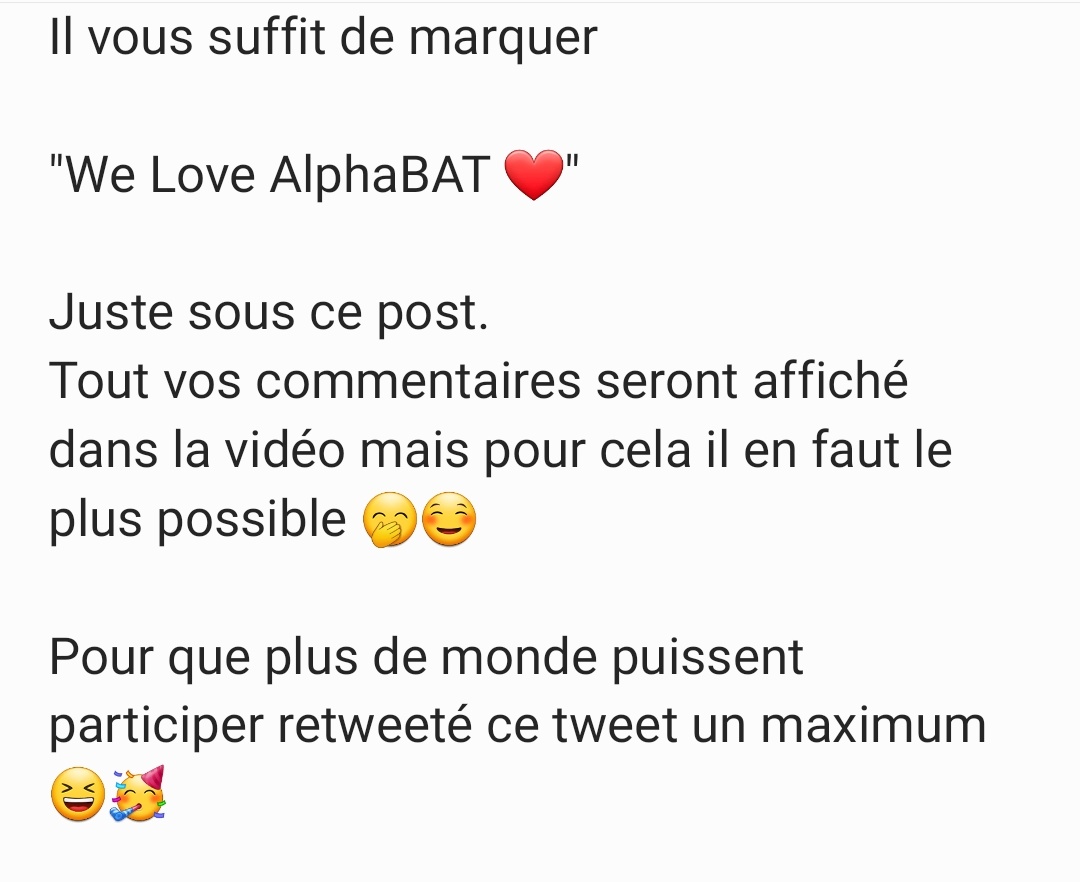 AlphaBAT_Fan_FR's tweet image. 🎂 VIDÉO PROJET 8ANS ALPHABAT 

Chers Alpha pour cette année je ferais un concept de vidéo avec vous !
Dans cette vidéo sera montré tout votre amour grâce au "We Love AlphaBAT ❤" que vous aller marquer sous ce post !
À vos claviers, c'est parti !

#AlphaBAT #알파벳