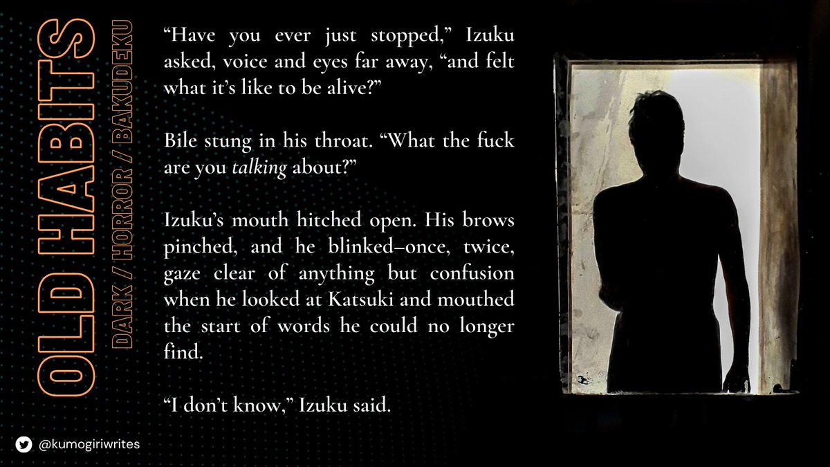 Something REAL different this Halloween: the psychological horror #bakudeku piece I wrote for <a href="/HorrorZine/">FRIGHT NIGHT (A BNHA Horror Zine) @ FINISHED</a>! Creeping unease, building unreality, and dark undertones. Mind those tags!

💀 archiveofourown.org/works/34856881 💀

-

Leftover zine sales are open now! bnhahorrorzine.bigcartel.com