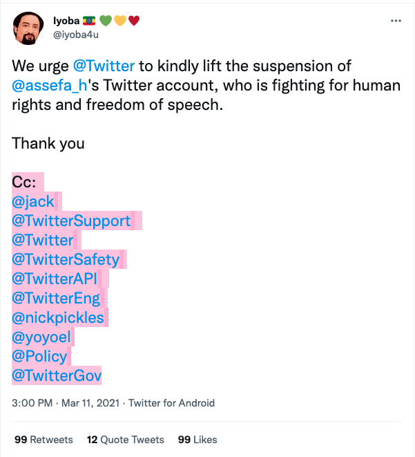 It's time to #FixTwittersHumanRightsProblem <a href="/Jack/">jack</a>. Stop caving to autocrats while allowing threats &amp; hate speech to run rampant. 
Cc: 
<a href="/Twitter/">Twitter</a>Support  
@Twitter 
@TwitterSafety 
@TwitterAPI  
@TwitterEng 
<a href="/nickpickles/">Nick Pickles</a>
<a href="/yoyoel/">Yoel Roth isn't on this site anymore</a>
@Policy
@TwitterGov