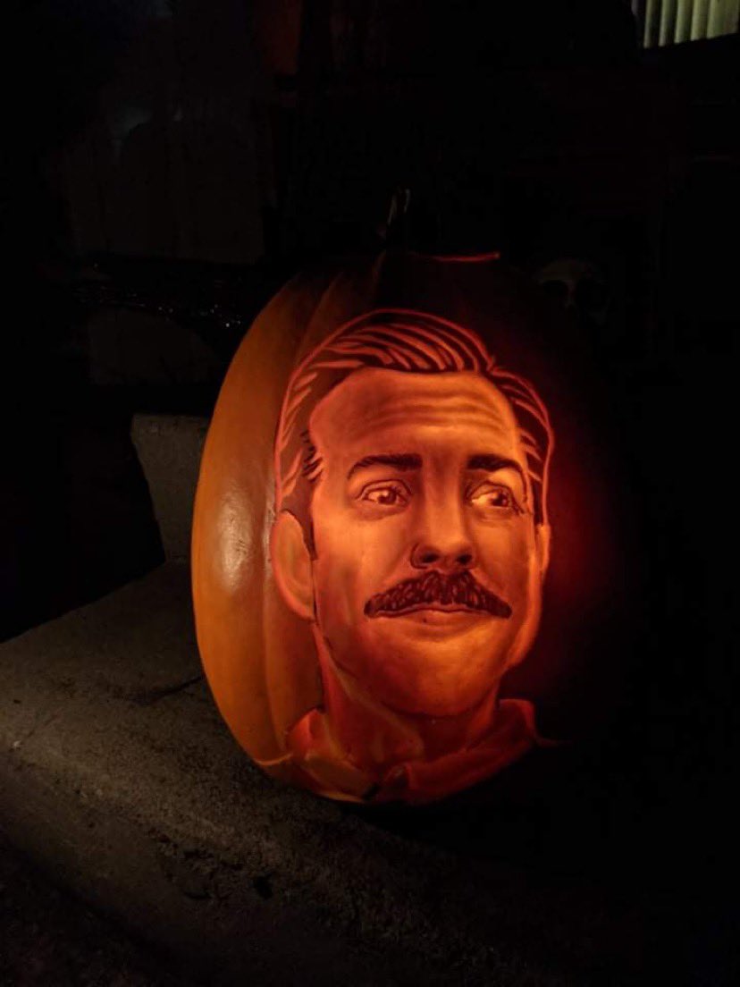 sarbustin's tweet photo. Hey @TedLasso I know a lot of people are dressing up like you but my husband dressed our pumpkin up and I thought you should see  #believe https://t.co/0zaEmiw5r0