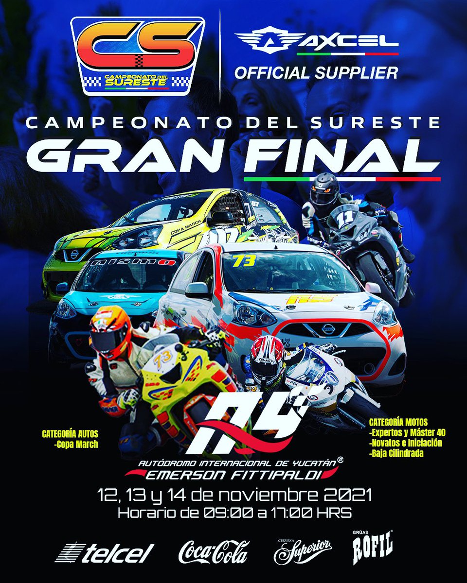 Por fin llega el 𝗘𝗩𝗘𝗡𝗧𝗢 𝗠𝗢𝗧𝗢𝗥 más esperado en el 𝗦𝗨𝗥𝗘𝗦𝗧𝗘 𝗗𝗘 México, LA 𝗚𝗥𝗔𝗡 𝗙𝗜𝗡𝗔𝗟 DEL “𝗖𝗔𝗠𝗣𝗘𝗢𝗡𝗔𝗧𝗢 𝗗𝗘𝗟 𝗦𝗨𝗥𝗘𝗦𝗧𝗘” 🚦🚧🏍🎉🏎🏁

𝗙𝗘𝗖𝗛𝗔 : 13 y 14 de Noviembre 2021.
𝗛𝗢𝗥𝗔𝗥𝗜𝗢𝗦 : A partir de las 9:00 AM a las 17:00 PM.