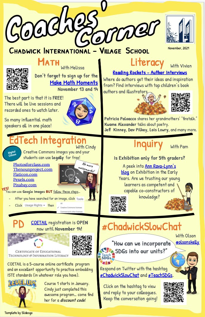 Happy November! 🍂

Another Coaches' Corner for the #Intl_Chadwick Village School is out!

#edtech #DigitalCitizenship #ibpyp #isedcoach #TeachSDGs #COETAIL #pypmath #ChadwickSlowChat