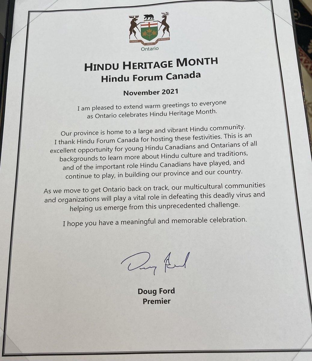 canada_hindu's tweet photo. Thank you Premier Doug Ford ⁦@fordnation⁩ for your kind message on auspicious occasion of Hindu Heritage Month Inauguration. Surely, Hindu Canadians are part and parcel of Canadian values such as Freedom, Diversity, Environment and Humanity. #HappyHinduHeritageMonth https://t.co/bT6dlHn55M