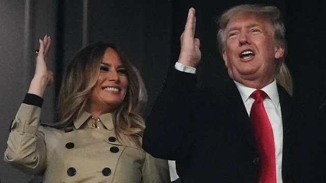 thehill's tweet photo. WATCH: Trump does "Tomahawk chop" at World Series game in Atlanta https://t.co/KlGMa3kd34 https://t.co/juThkT7tiq