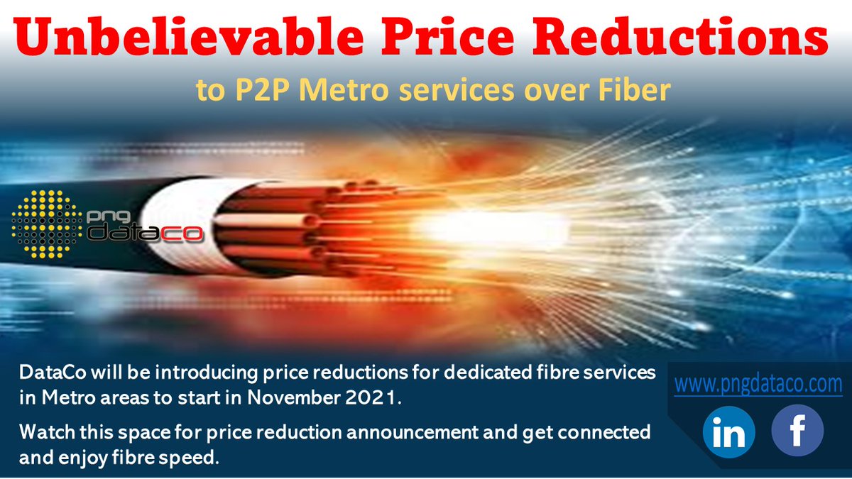 pngdataco's tweet photo. Unbelievable PRICE REDUCTIONS on Metro Fibre services COMING SOON. DataCo will be making an announcement soon on a mega price reduction to the Dedicated P2P service pricing in metro areas. Watch this space for more announcements. https://t.co/z3K9zXPYg4