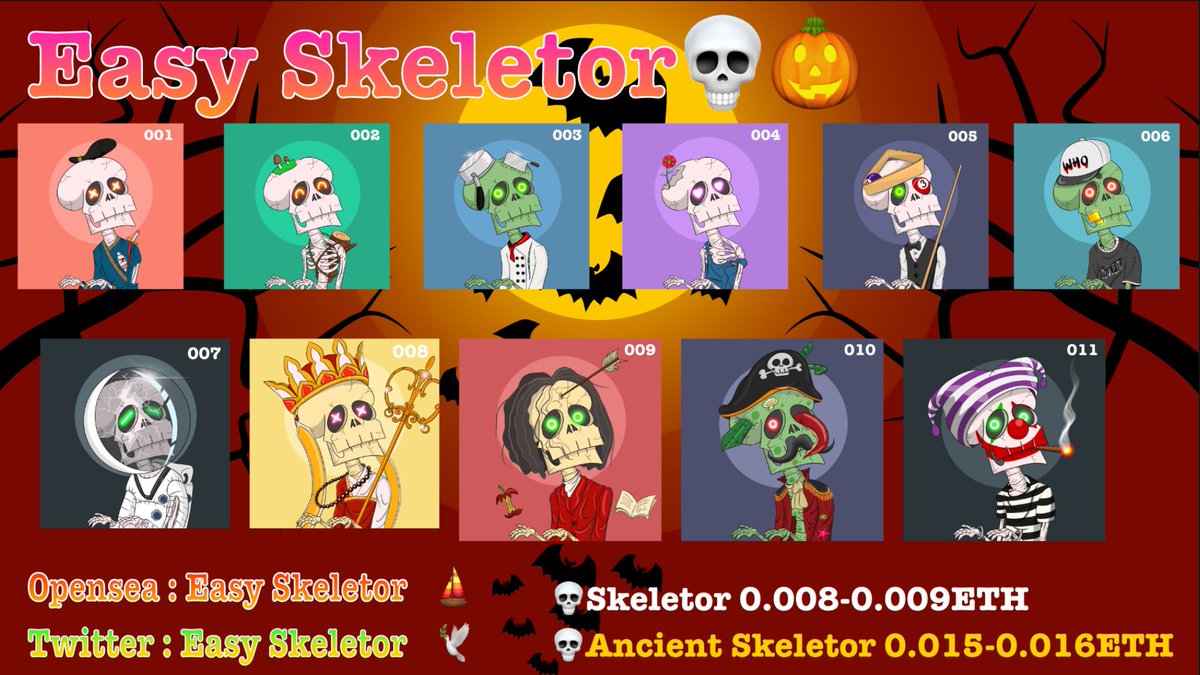 💀🎃Easy Skeletor Project🎃💀
450  Cool  Characters  hand  drawn Skeletor 
Skeletor  375  💀 <a href="/opensea/">OpenSea</a> @EasySkeletor
Ancient  Skeletor 75  ☠️
Sale  every Friday 1-4Characters
opensea.io/collection/eas… 🎃

#NFTs #NFT #NFTdrops #NFTCommmunity #NFTcollections #NFTcollectibles