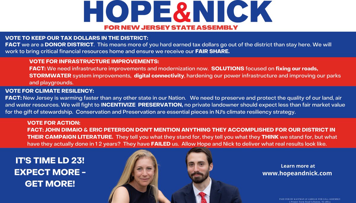HopeandNickld23's tweet photo. There is only two more days left in this race and we still want to stress to LD 23 voters that they need to expect more from their assemblymen. Hope and Nick promise to bring more to the table for LD 23 and turn expect more into expectations met. 
#expectmore #hopeandnickld23 https://t.co/dKZccjt9K0