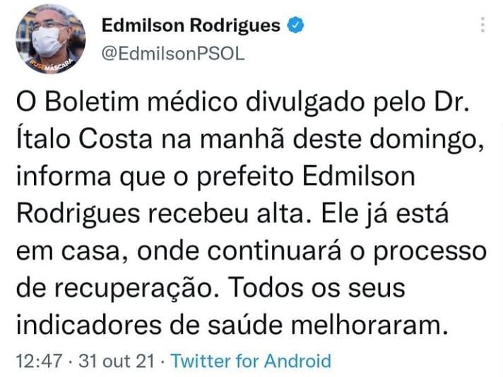 PsolBelem's tweet photo. Uma boa notícia pra alegrar nossa noite.💜
Força @edmilsonpsol  estamos com você ✊🏽
#prefeitoedmilson https://t.co/g74zJR9EIA