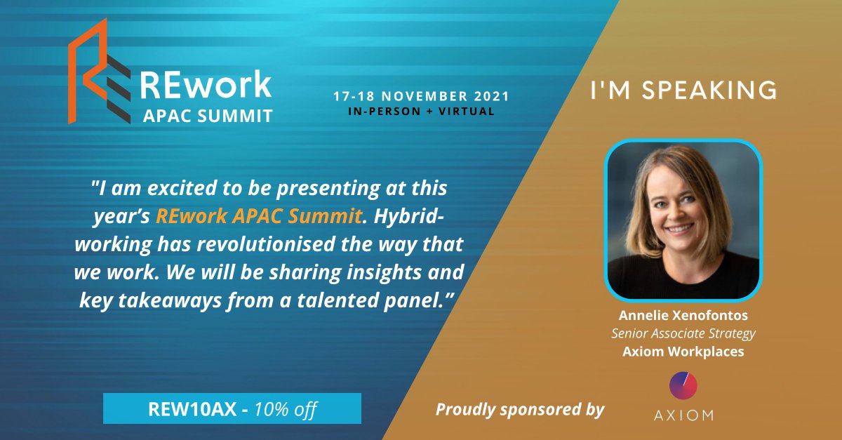 AxiomWorkplaces's tweet photo. Axiom is proudly supporting the REwork APAC Summit, taking place from 17-18 November in Sydney and Virtually. Register now: https://t.co/DrAajrdCfa
Promo code REW10AX for a 10% discount
.
.
#REwork21 #workplacestrategy #futureofwork #futureplace #workplace https://t.co/VLcZmYr9YN