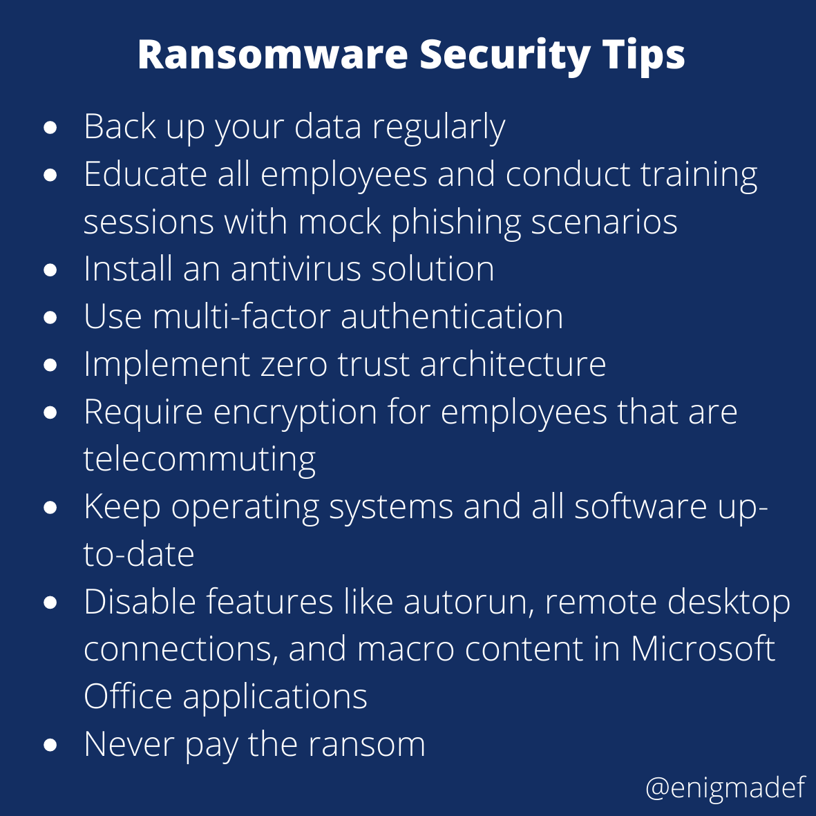 enigmadef's tweet photo. Ransomware, is a type of malware that prevents users from accessing their data and demands ransom payment in order to regain access.
#CyberMonth #Cybersecurity #BeCyberSmart #InfoSec #InformationSecurity #StopThinkConnect
 #InfoSecurity #NetworkSecurity #Cloudcomputing
@CISAgov https://t.co/j2ahZRP5c9