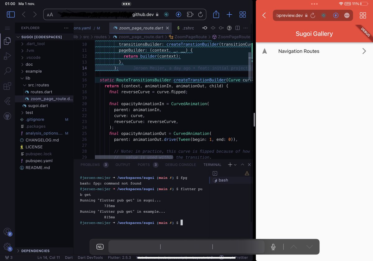 jfkdev's tweet image. Holy crap. This is absolutely insane.

I’m running a Flutter app on my iPad using Flutter for web in GitHub Codespaces. And I have full access to the flutter and dart tools, FVM, the linter, bash, zsh, everything. It’s exactly what I wanted for so long; Flutter dev on iPad 🎉
