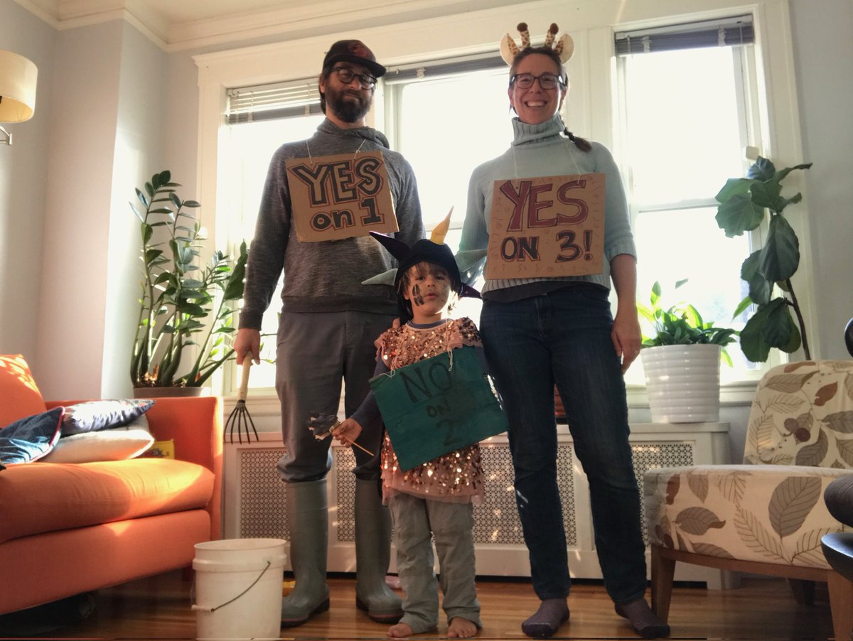 ElectTheBSC's tweet photo. Check out our friends Jeremy, Indigo, &amp; Siiri's amazing #YesOn1 #NoOn2 &amp; #YesOn3 costumes!! Happy Halloween, #bospoli, &amp; be sure to flip your ballot over to vote on all the questions!! https://t.co/XDQjwgqFDe