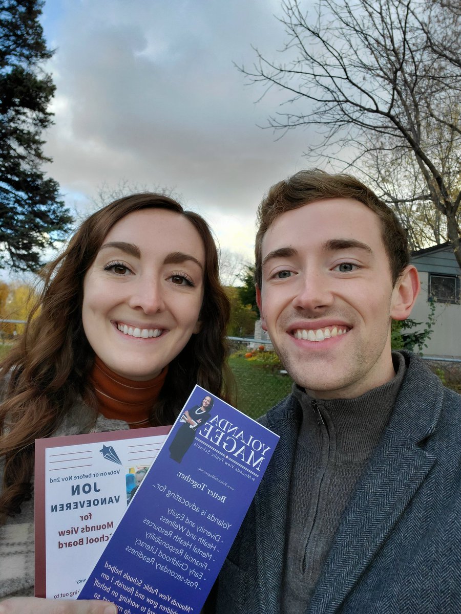 GoldmanForAH's tweet photo. A great day to talk to neighbors about @JonVanoeveren and @YolandaMagee621 and their campaigns for Mounds View School Board. Election Day is this Tuesday! https://t.co/FFDjiwEgUX