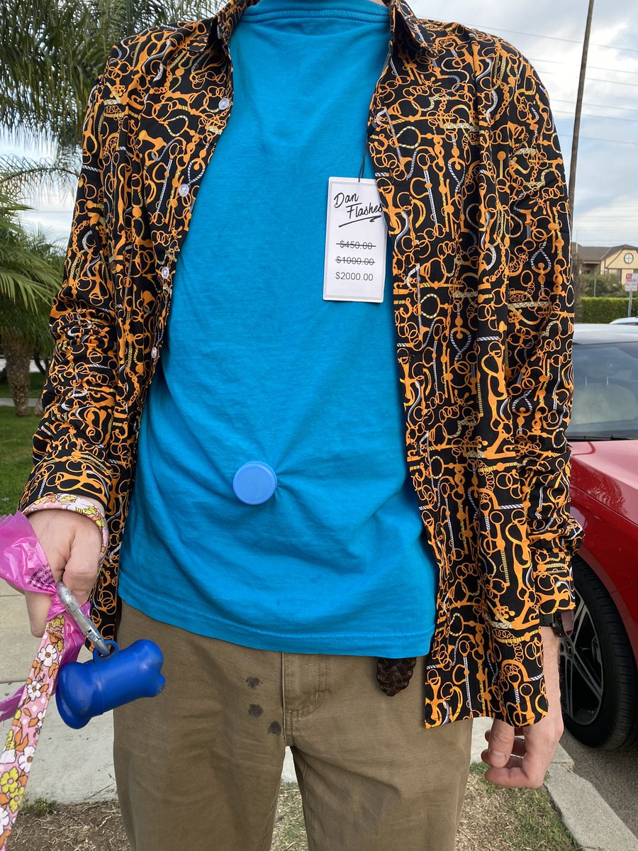 KatieMarovitch's tweet photo. “I Think You Should Leave” costume featuring a TC Topps by TC Tuggers, Calico Cut Pants, and a very pricey Dan Flashes shirt. #ithinkyoushouldleave https://t.co/hwC4xnM7qR