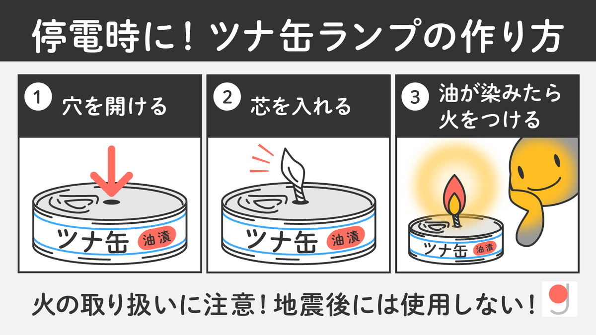 Gooddoグッドゥ ツナ缶でランプが作れる ツナ缶 オイル漬け に穴を開け こよったティッシュや綿ひもで作った芯を差し込みます 1時間くらい持続するランプのできあがり 屋内では火の取り扱いに十分注意を 地震の後には使用しないように