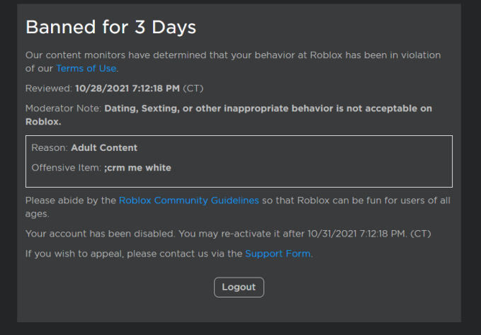 Ghosttea9's tweet photo. @Roblox #RobloxStatus #RobloxDown Seriously got banned for using a command and had no help :/ https://t.co/1IBS356tVK