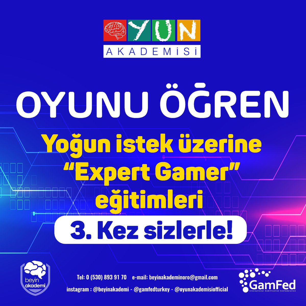 Türkiye'nin 3 seviyeli tüm disiplinleriyle birarada tek Oyun Akademisi 100'den fazla mezunuyla 1.seviye 3.Kur ile yarın akşam kurucusu olan <a href="/DrKeremDundar/">Kerem Dündar</a> hocamızla ve 20'den fazla katılımcısıyla başlıyor. GAMFED20 koduyla %20 indirimli kaydolabilirsiniz:kubist.net/event/oyun-aka…